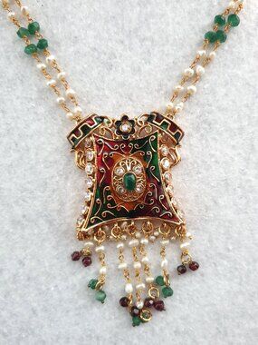 Vintage Indian Kundan Meenakari Emerald, Garnet & Seed Pearl Bridal Necklace